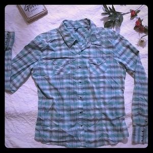 Button up turquoise striped shirt